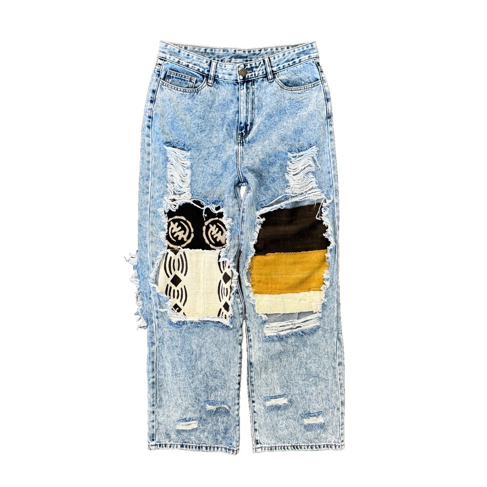 RO2K Collection Upcycled Patchwork Acid Wash Jeans 9/10 (32x31) African Textile